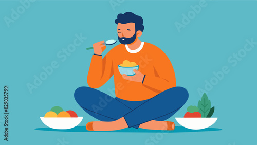 He practices mindful eating slowing down and savoring each bite of his meals instead of scarfing them down.. Vector illustration