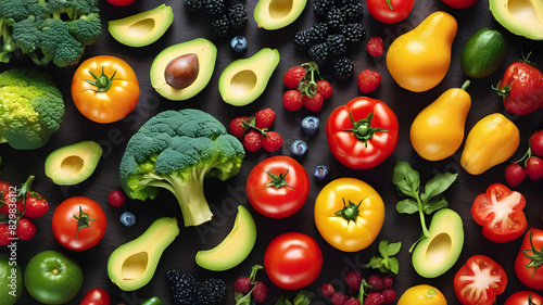 Healthy Kitchen Background: Clean Space with a Variety of Vegetables, Avocado, Mushrooms, and tomatoes