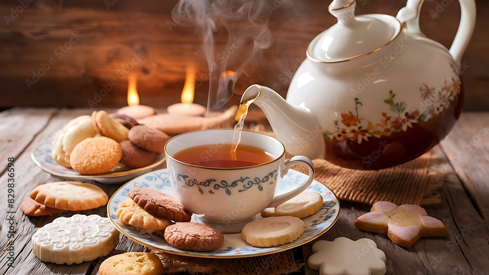 Fototapeta premium A warm and cozy scene of a wooden table adorned with a beautiful teapot, a steaming cup of tea, and a plate of delicious cookies.