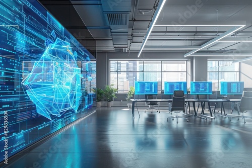 Ultra-modern corporate office with blue holographic screens showcasing encrypted communications -