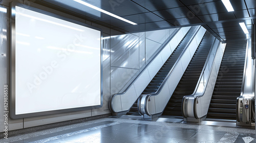 White blank billboard in a sleek, modern subway station with a clean escalator, illuminated by soft overhead lights