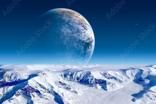 A foggy alien world with frozen lands that are covered in rigid ice  Space background for pc  Desktop planet wallpaper  Fantasy landscape digital art  outer space 3d illustration for video projects