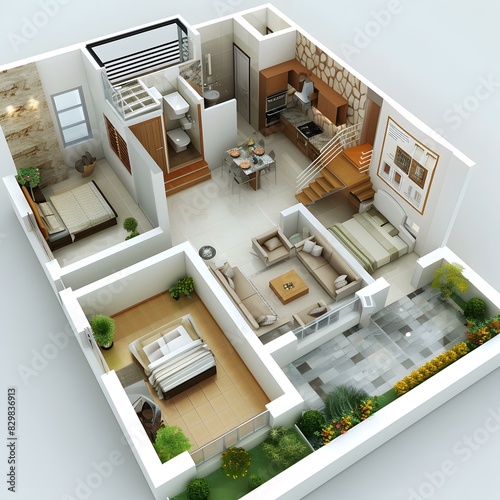 3D rendering of a modern house plan