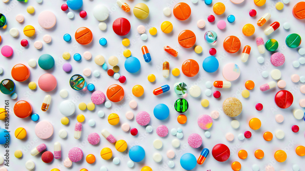 Lots of different colorful pills on white background table