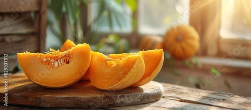 Fresh Pumpkin Slices Basking in Rustic Sunlight on a Wooden Board photo