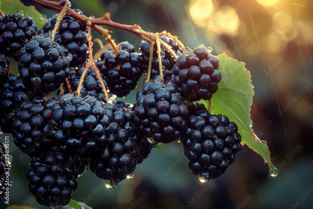 Fototapeta premium Fresh Blackberries on the Vine After Rain. Close-up of fresh blackberries hanging on the vine, covered in dew drops after rain, with sunlight filtering through