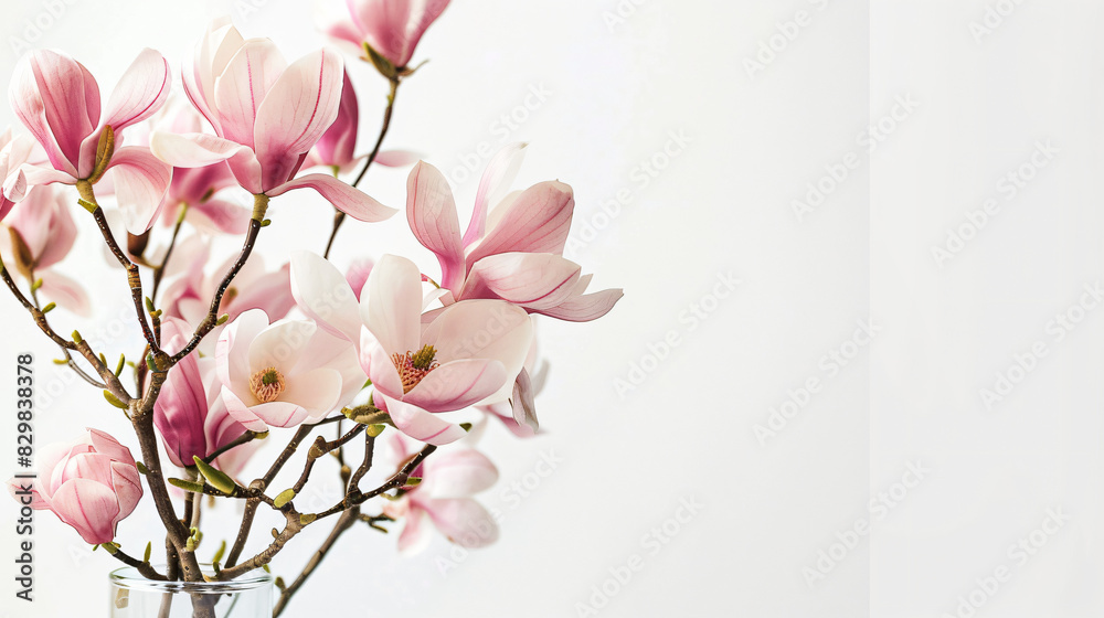Magnolia tree branches with beautiful flowers in glass