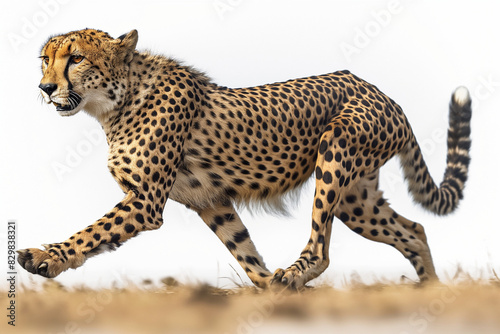 cheetah on a rock, Witness the raw power and agility of a running cheetah as it prepares to leap forward, captured in a full body length image against an isolated white background