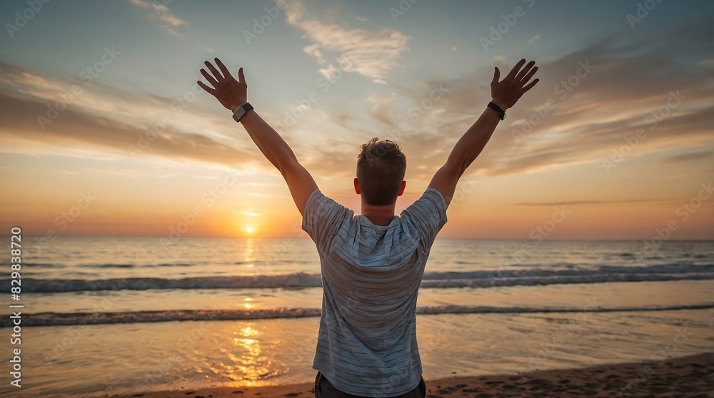 Fototapeta premium A joyful man raising his arms while enjoying the sunset at the beach.