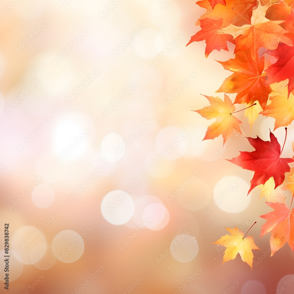 Fototapeta premium Autumn background with blurred autumn leaves and copy space. Generative AI.
