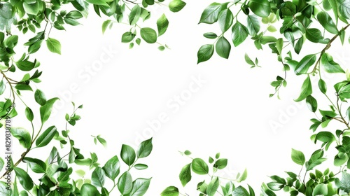 Green leaves border isolated on white background. Frame of branches and leaves