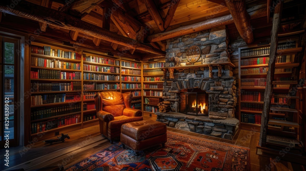 Cozy wooden library with a leather chair, stone fireplace, and shelves filled with books, creating a warm and inviting reading space.