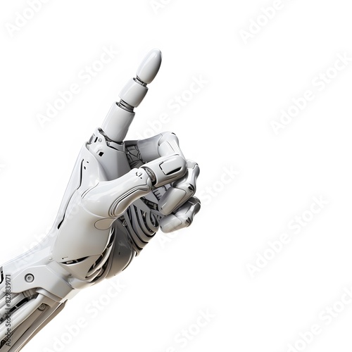 Robot hand pointing finger up. Isolated on a white background. Generative AI.