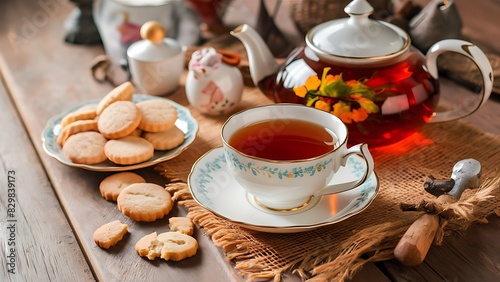 A warm and cozy scene of a wooden table adorned with a beautiful teapot, a steaming cup of tea, and a plate of delicious cookies.