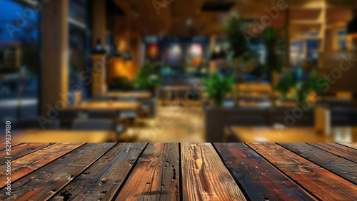 An uncluttered wooden table set against backdrop of bustling restaurant at night  blurred for effect. The table is ideally positioned for displaying food products or advertisements