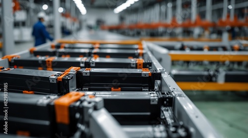 Assembly line for mass-producing electric vehicle batteries.