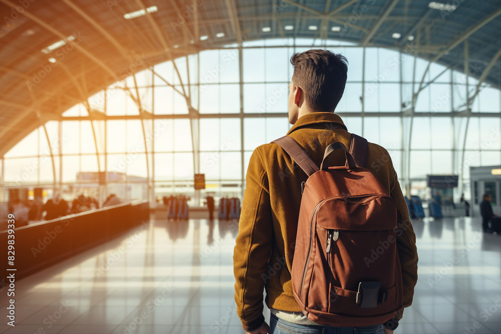 AI generated picture of happy young man in airport registration fly abroad AI generated picture of happy young man in airport registration fly abroad