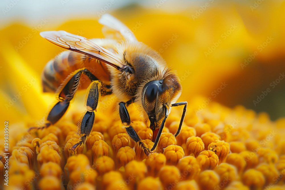 Close-up of Honeybee on Yellow Flower. Close-up of a honeybee collecting nectar on a vibrant yellow flower, highlighting the details of the bee and the flower's texture Close-up of Honeybee on Yellow Flower. Close-up of a honeybee collecting nectar on a vibrant yellow flower, highlighting the details of the bee and the flower's texture