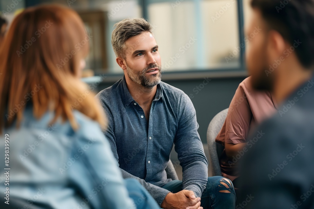 A group of people seated in a circle, focused on a man with gray hair and beard, engaged in a thoughtful discussion A group of people seated in a circle, focused on a man with gray hair and beard, engaged in a thoughtful discussion