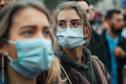 A young woman with a face mask and glasses stands in a crowd during a protest, with other masked individuals in the background