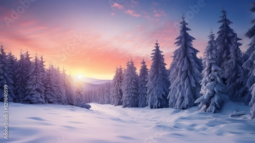 Beautiful winter landscape with snow covered trees and mountains at sunset. Generative AI.