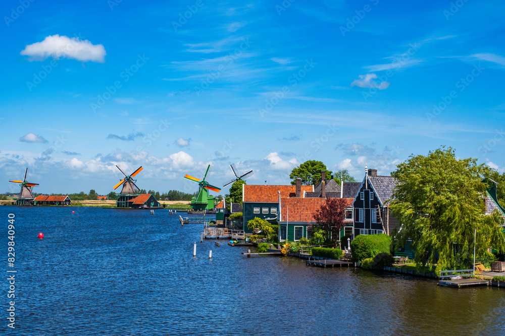 Fototapeta premium The windmills of Zaanse Schans in the Netherlands on a sunny day