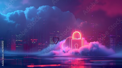 Cinematic illustration of a padlock securing a cloud icon photo