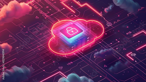 Cinematic illustration of a digital shield and padlock over a cloud icon photo