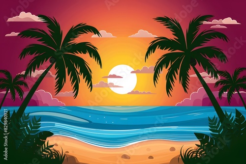 Tropical beach sunset with palm trees and gentle waves  serene and relaxing