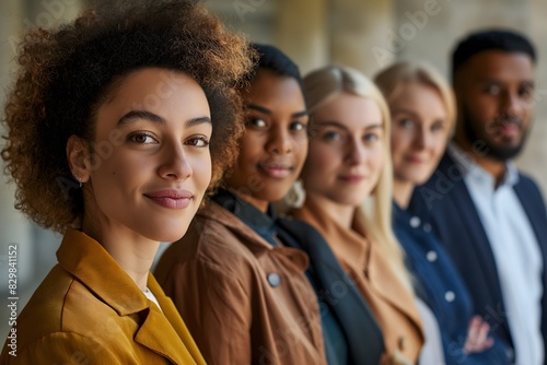 A diverse group of young professionals in smart casual attire stands in a line, with a focus on a young woman in a mustard yellow blazer