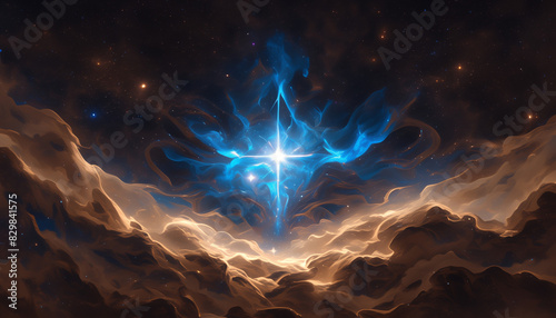 bright blue star emitting smoky blue and white clouds in a dark space background
