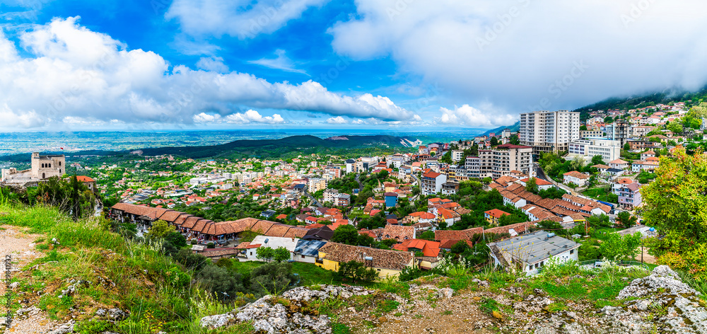 A panorama view from the Castle over the city and countryside around Kruja, Albania in summertime