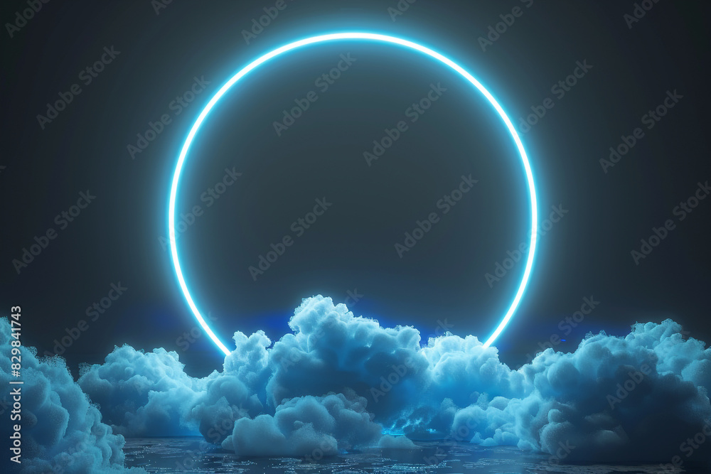 A soft powder blue neon ring highlights an abstract cloudy sky in a 3D portrait.