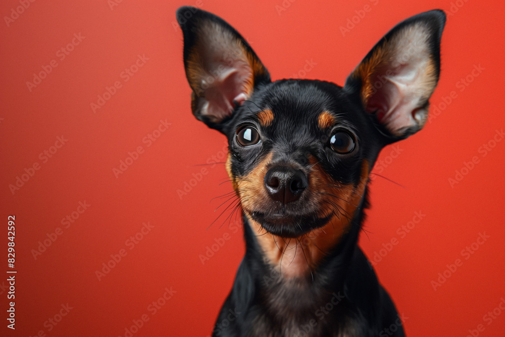Close-up Portrait of a Cute Chihuahua. Close-up portrait of a cute black and tan Chihuahua with big ears against a red background.