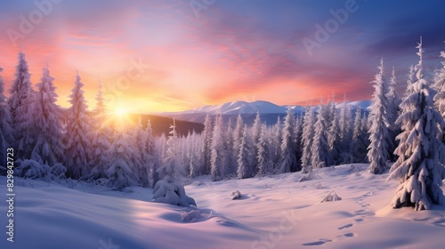 Beautiful winter landscape with snow covered trees and mountains at sunset. Generative AI. © Studicon