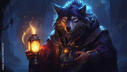 A wolf-like creature with glowing yellow eyes is holding a lantern in its mouth.