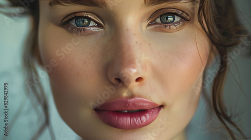 Beautiful woman with Botox on her face and pink lips with beautiful facial features