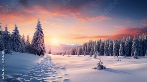 Beautiful winter landscape with snow covered trees and mountains at sunset. Generative AI. © Studicon
