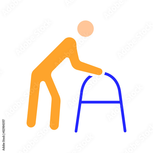 Elderly care set icon. Senior person with walker, mobility aid, aging support, senior assistance, geriatric care, physical aid, elderly independence.