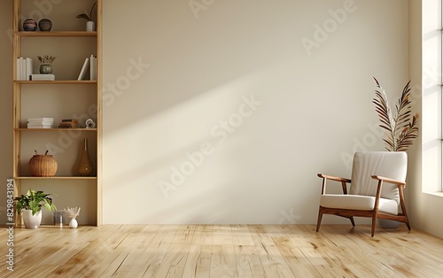 Empty cream wall mockup in the interior design of a modern living room with a wooden floor, armchair and bookcase on the left side