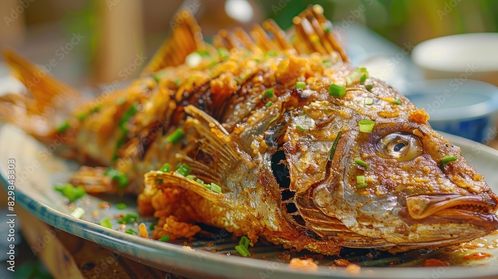 Fish that has been fried and placed on a dish Fish that has been fried and placed on a dish