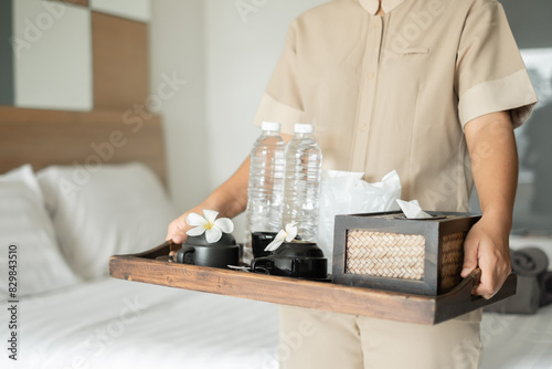 The housekeeper hotel cleans and arranges things in order. prepares to welcome VIP guests