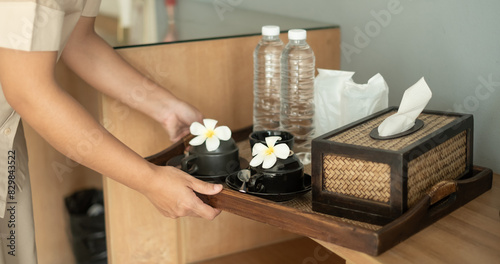 The housekeeper hotel cleans and arranges things in order. prepares to welcome VIP guests