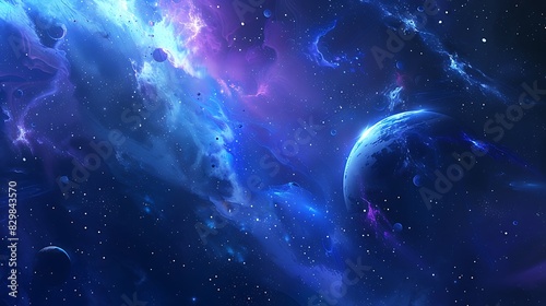 This is a beautiful space-themed wallpaper. It features a blue planet with a glowing atmosphere, surrounded by stars, and colorful nebulae.
