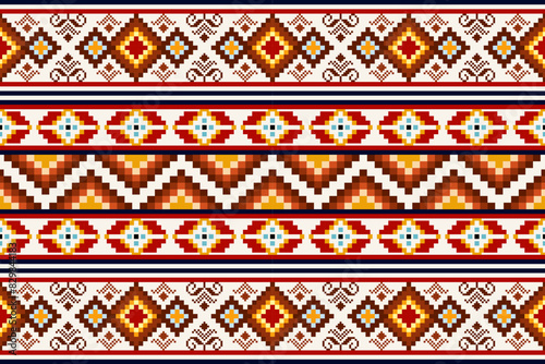 Pixel ethnic pattern oriental traditional. design fabric pattern textile African Indonesian Indian seamless Aztec style abstract vector illustration for print clothing, texture, fabric, wallpaper, dec