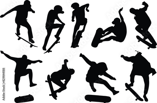Skateboard Tricks Silhouettes, people silhouettes with transparent background, named, organized and editable layers	