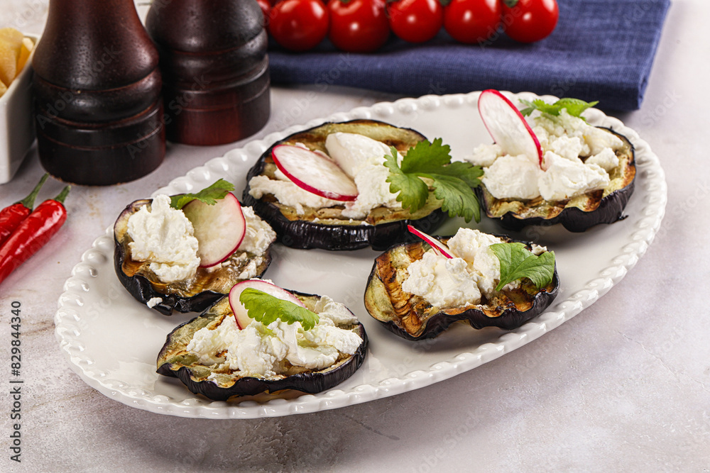 Grilled eggplant with cheese and radish Grilled eggplant with cheese and radish