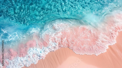Highangle photograph of a picturesque pastel pink sand beach transitioning into the calm