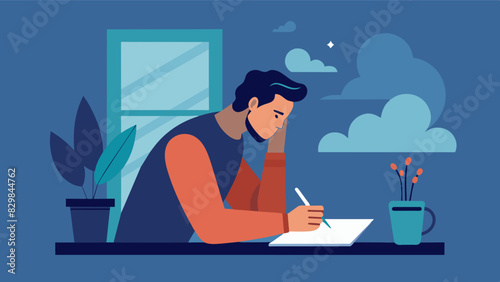 A man journals in the morning reflecting on his feelings and setting intentions for the day ahead.. Vector illustration