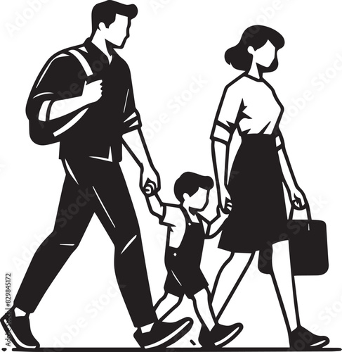 Husband  Wife and Kid Walking Vector Silhouette Illustration. Man Woman and Children Fashion Family